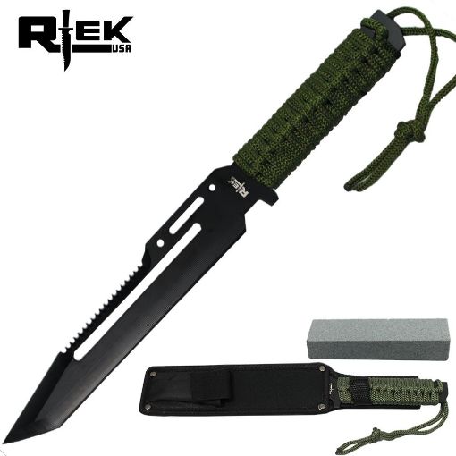 Picture of 14IN RTEK BLACK BLADE CORD WRAPPED COMBAT KNIFE WITH SHEATH & SHARPENING STONE - No HK7130-140B